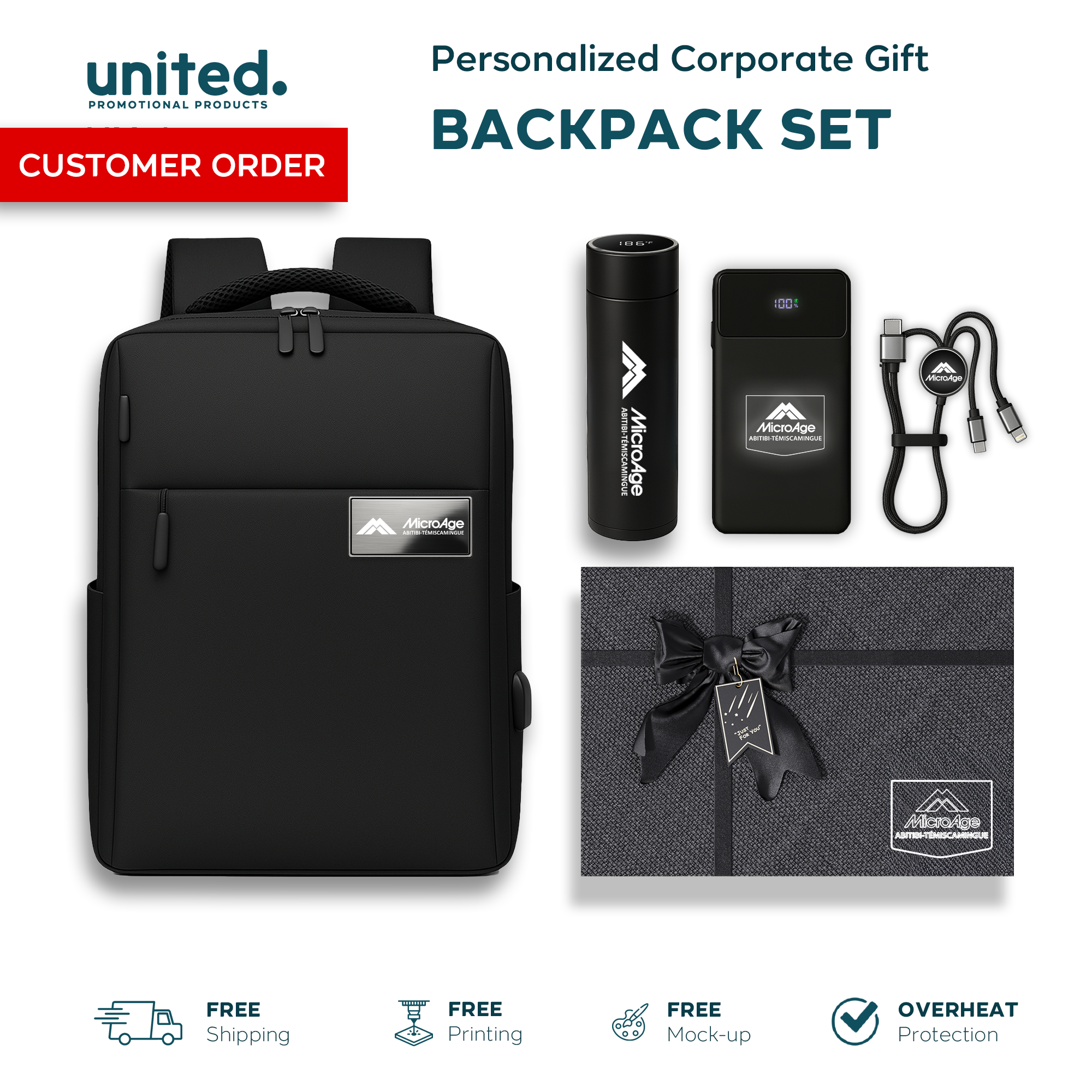 Personalized Company Logo Backpack Gift Set, Custom Company Logo Holiday Gift Backpack Set, Custom Backpack and Portable Charger Gift Set