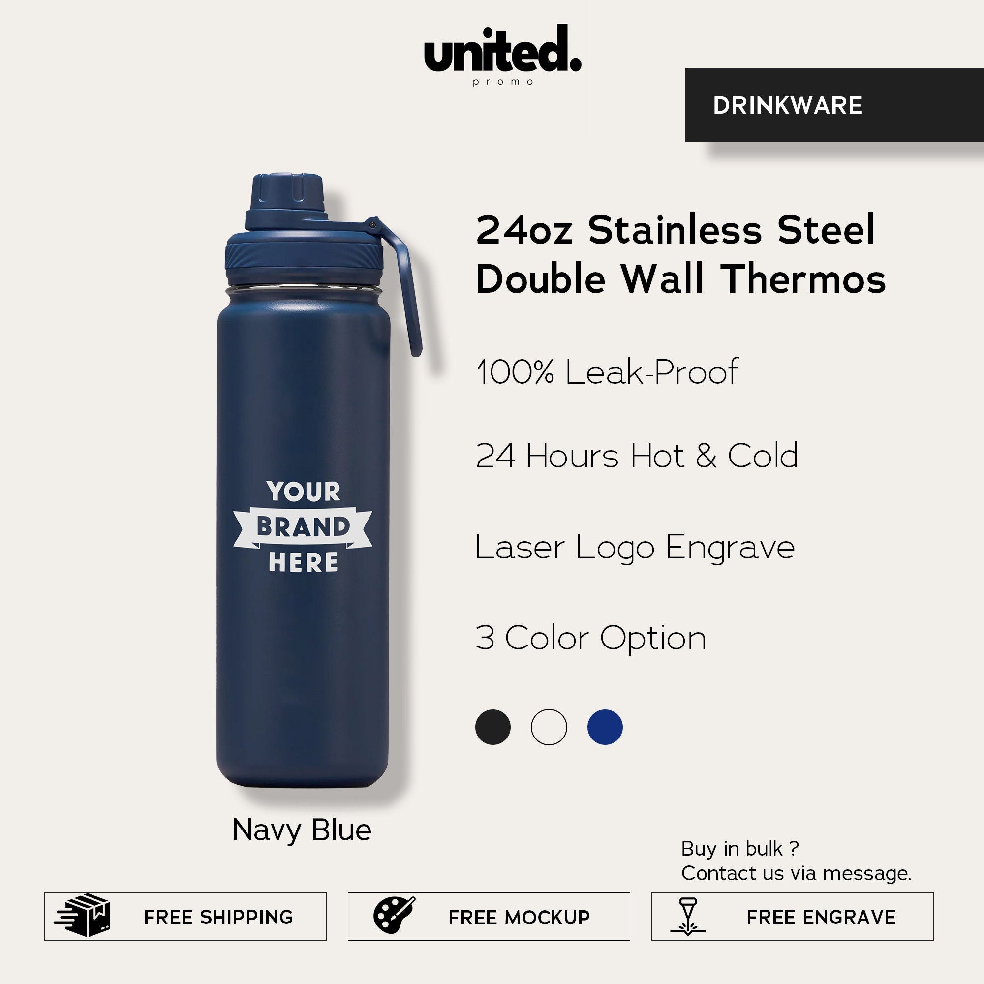 24oz Personalized Company Gift Double Wall Thermos, Insulated Double Wall Thermos, Corporate Gift Double Wall Thermos, Bulk Order Thermos