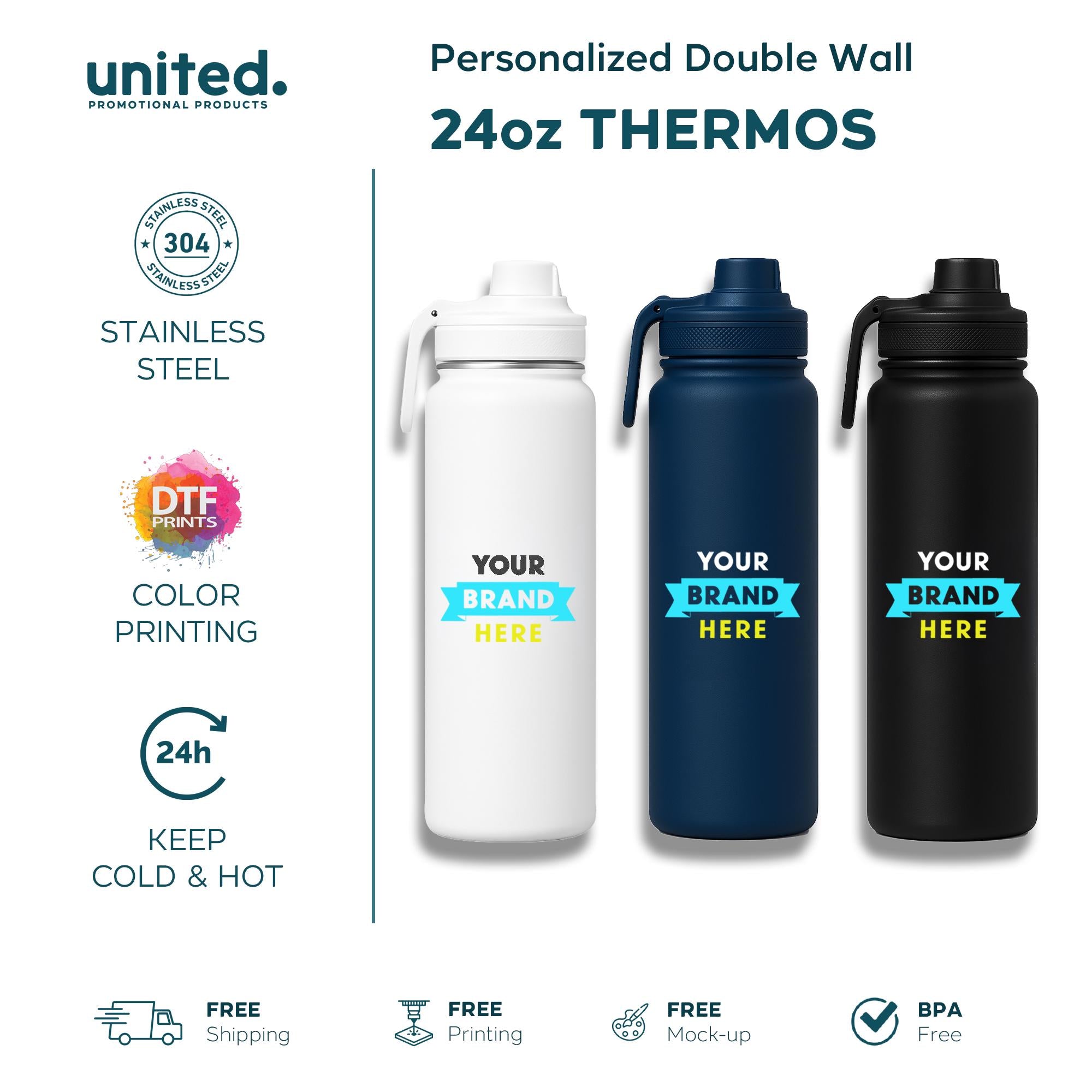 24oz Personalized Company Gift Double Wall Thermos, Insulated Double Wall Thermos, Corporate Gift Double Wall Thermos, Bulk Order Thermos