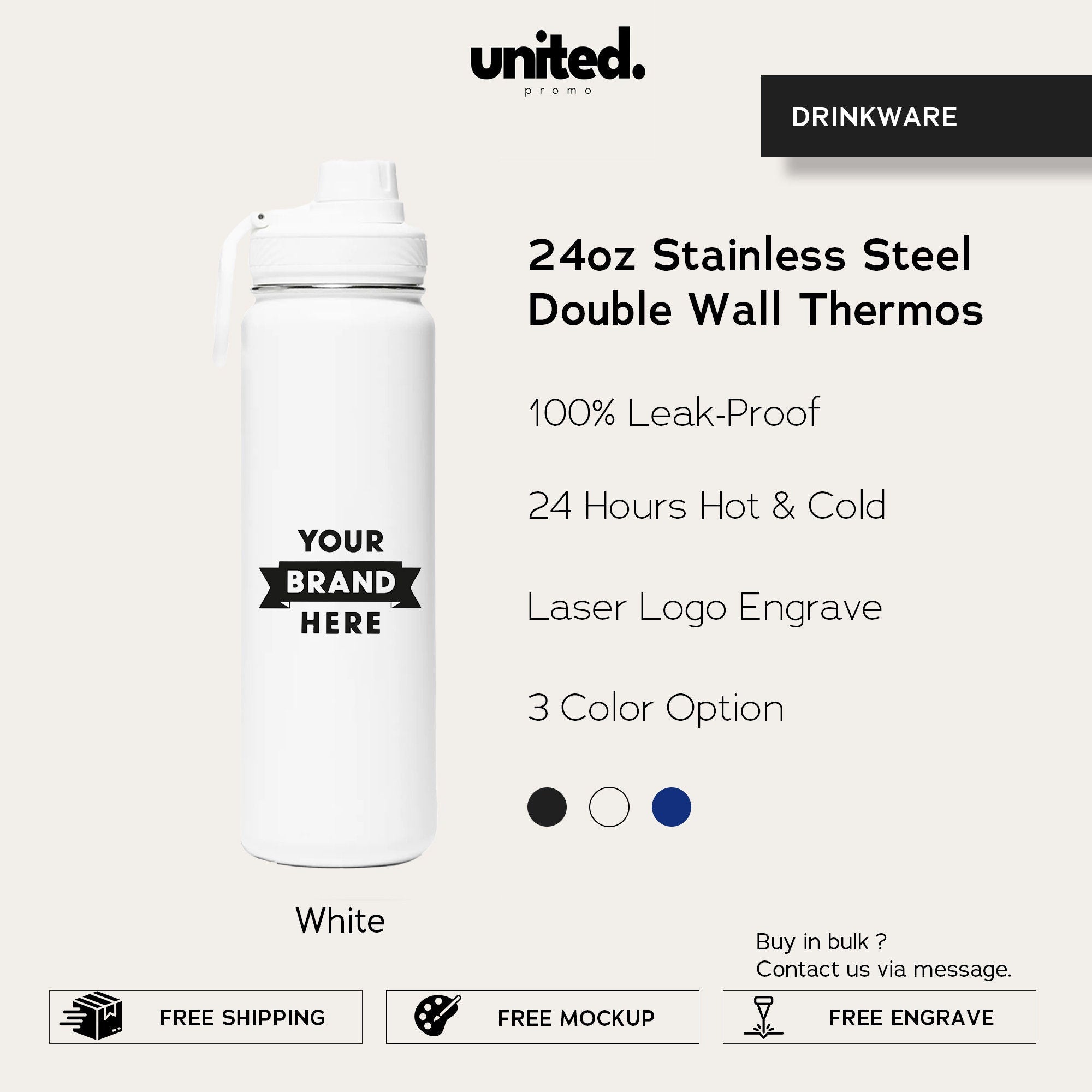 24oz Personalized Company Gift Double Wall Thermos, Insulated Double Wall Thermos, Corporate Gift Double Wall Thermos, Bulk Order Thermos